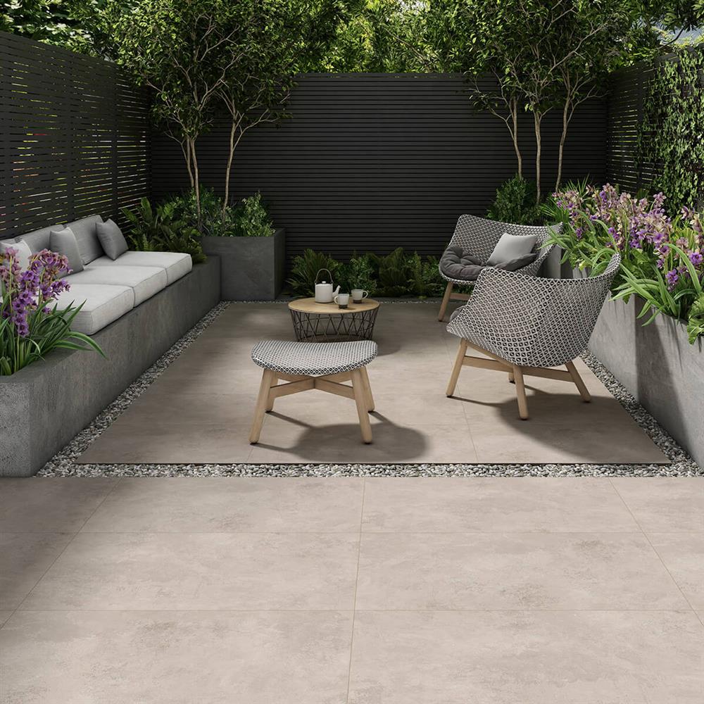 Large-format Harlem ash concrete-effect porcelain patio tiles